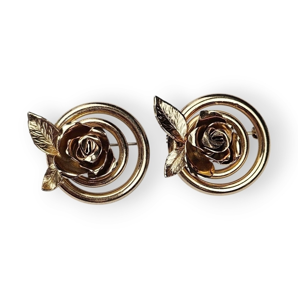 Vintage Rose Brooch Set Of 2 Gold Plated Circle Dimensional Flower Scatter Pins